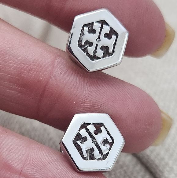 Tory Burch Jewelry - Tory Burch Silver Hexagon Logo Earrings